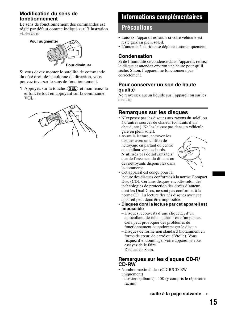 Informations complémentaires, Précautions, Remarques sur les disques | Informations complémentaires précautions | Sony CDX-GT383A User Manual | Page 55 / 104