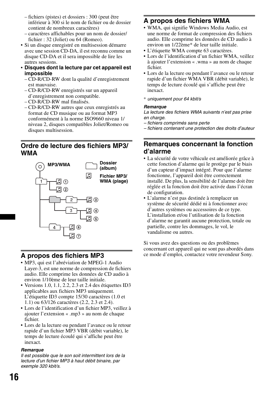 Ordre de lecture des fichiers mp3/ wma, A propos des fichiers mp3, A propos des fichiers wma | Remarques concernant la fonction d’alarme | Sony CDX-GT383A User Manual | Page 56 / 104