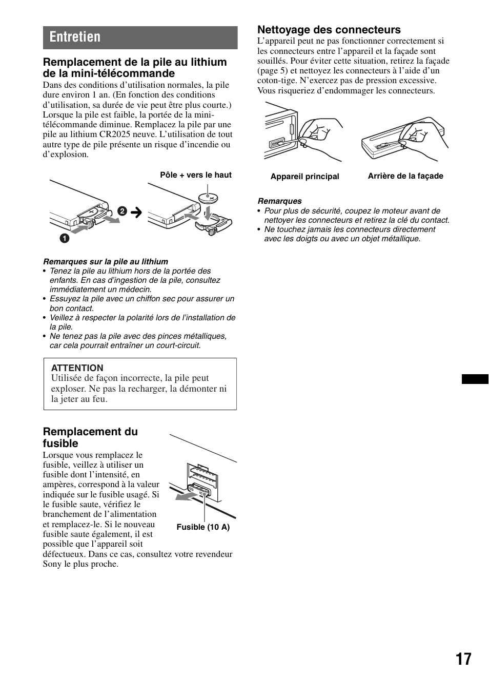 Entretien | Sony CDX-GT383A User Manual | Page 57 / 104