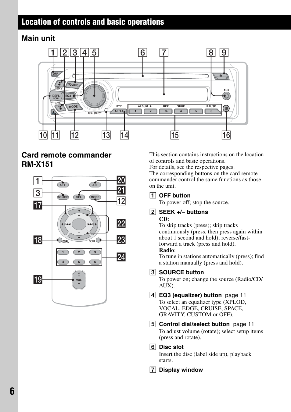 Location of controls and basic operations, Main unit, Card remote commander rm-x151 | Main unit card remote commander rm-x151, 3wa qs 1 wd qj qk w; ql wf ws | Sony CDX-GT383A User Manual | Page 6 / 104