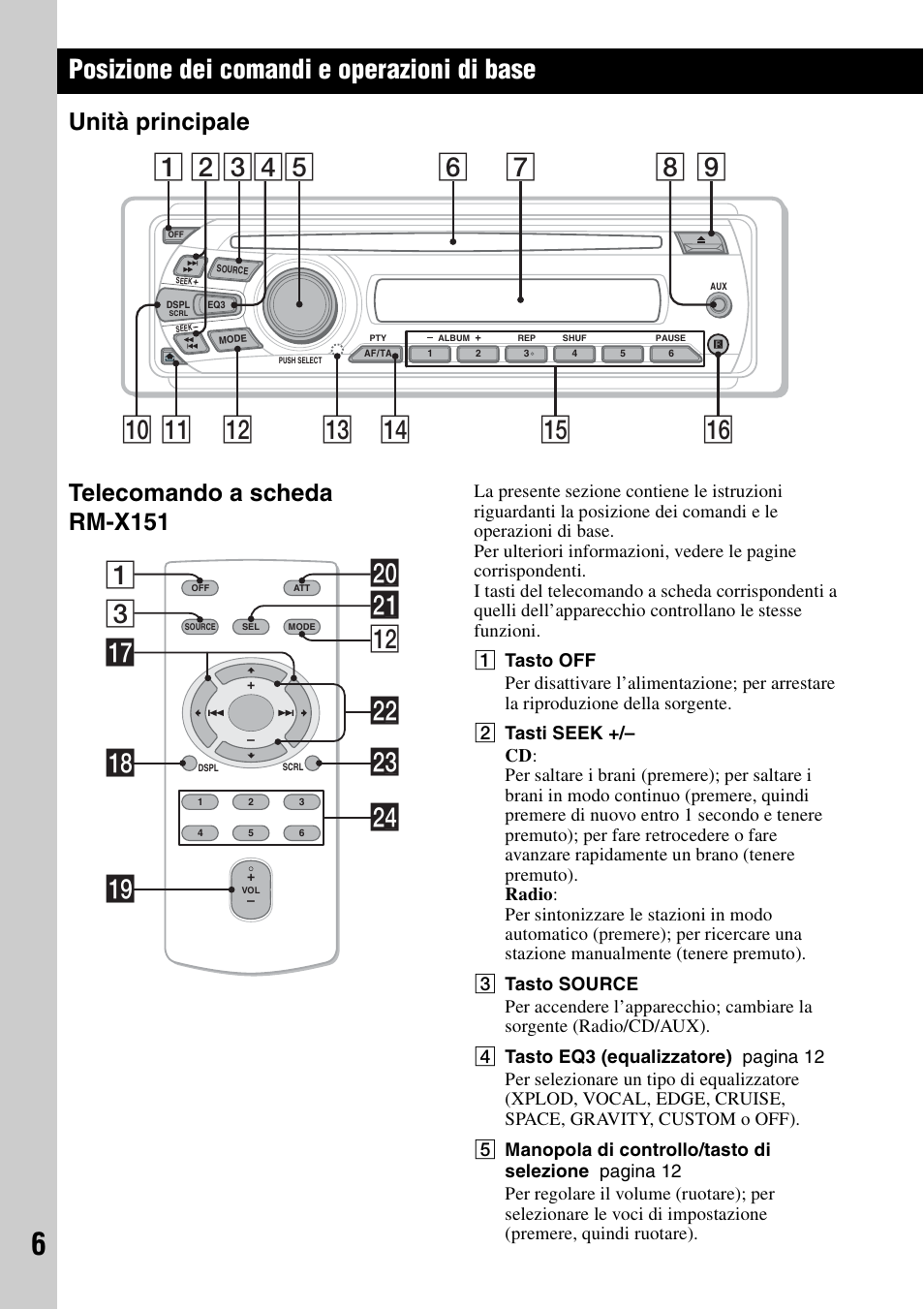 Posizione dei comandi e operazioni di base, Unità principale, Telecomando a scheda rm-x151 | Unità principale telecomando a scheda rm-x151, 3wa qs 1 wd qj qk w; ql wf ws | Sony CDX-GT383A User Manual | Page 66 / 104