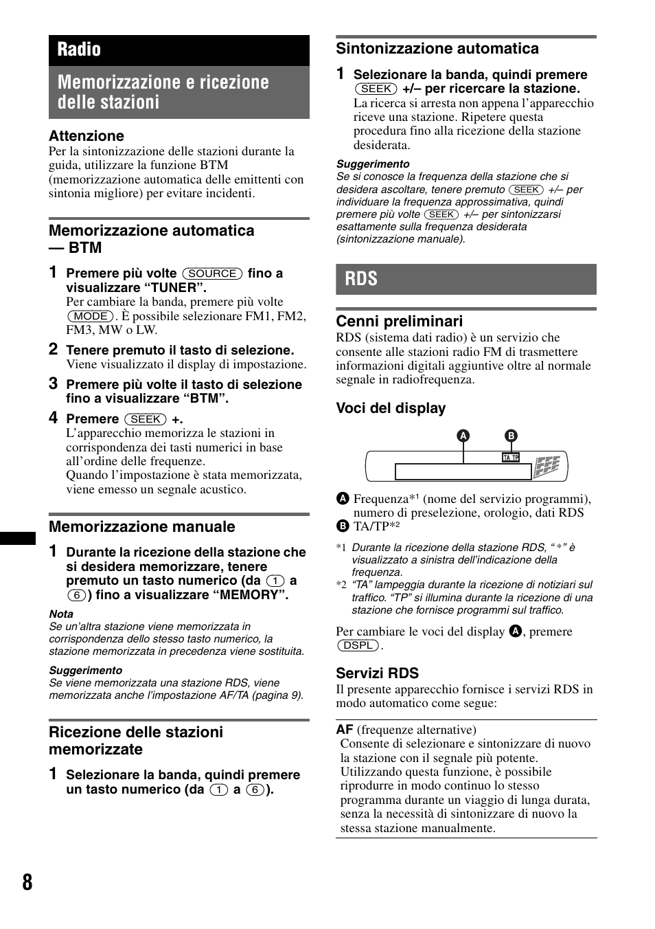 Radio, Memorizzazione e ricezione delle stazioni, Memorizzazione automatica - btm | Memorizzazione manuale, Ricezione delle stazioni memorizzate, Sintonizzazione automatica, Cenni preliminari | Sony CDX-GT383A User Manual | Page 68 / 104