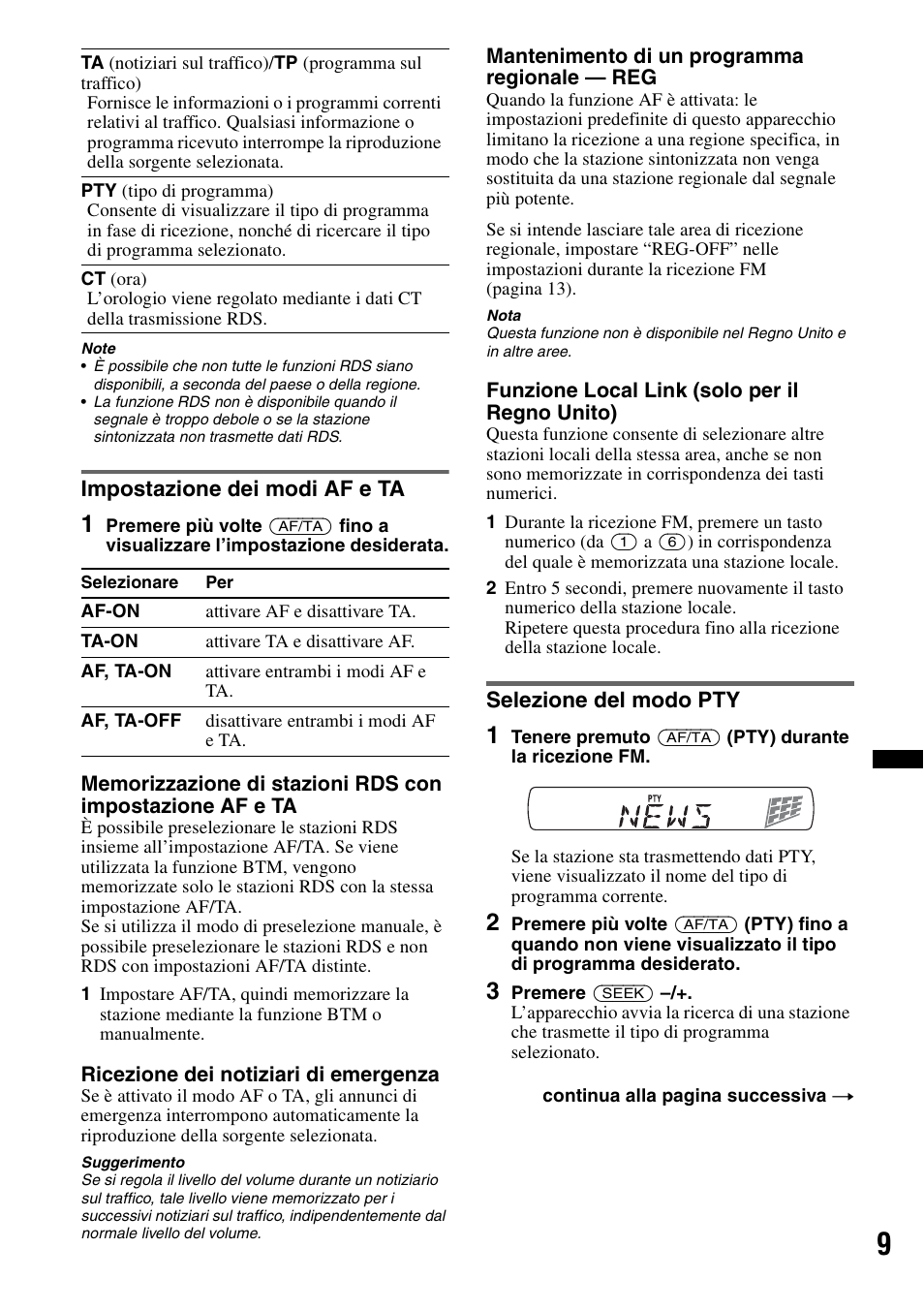 Impostazione dei modi af e ta, Selezione del modo pty | Sony CDX-GT383A User Manual | Page 69 / 104