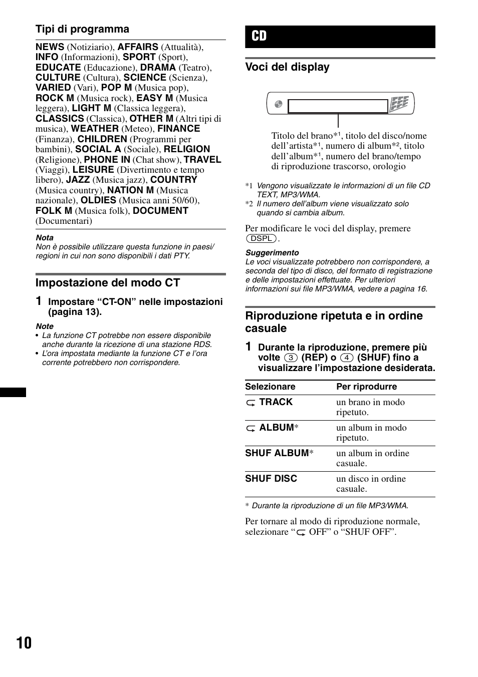 Impostazione del modo ct, Voci del display, Riproduzione ripetuta e in ordine casuale | Sony CDX-GT383A User Manual | Page 70 / 104