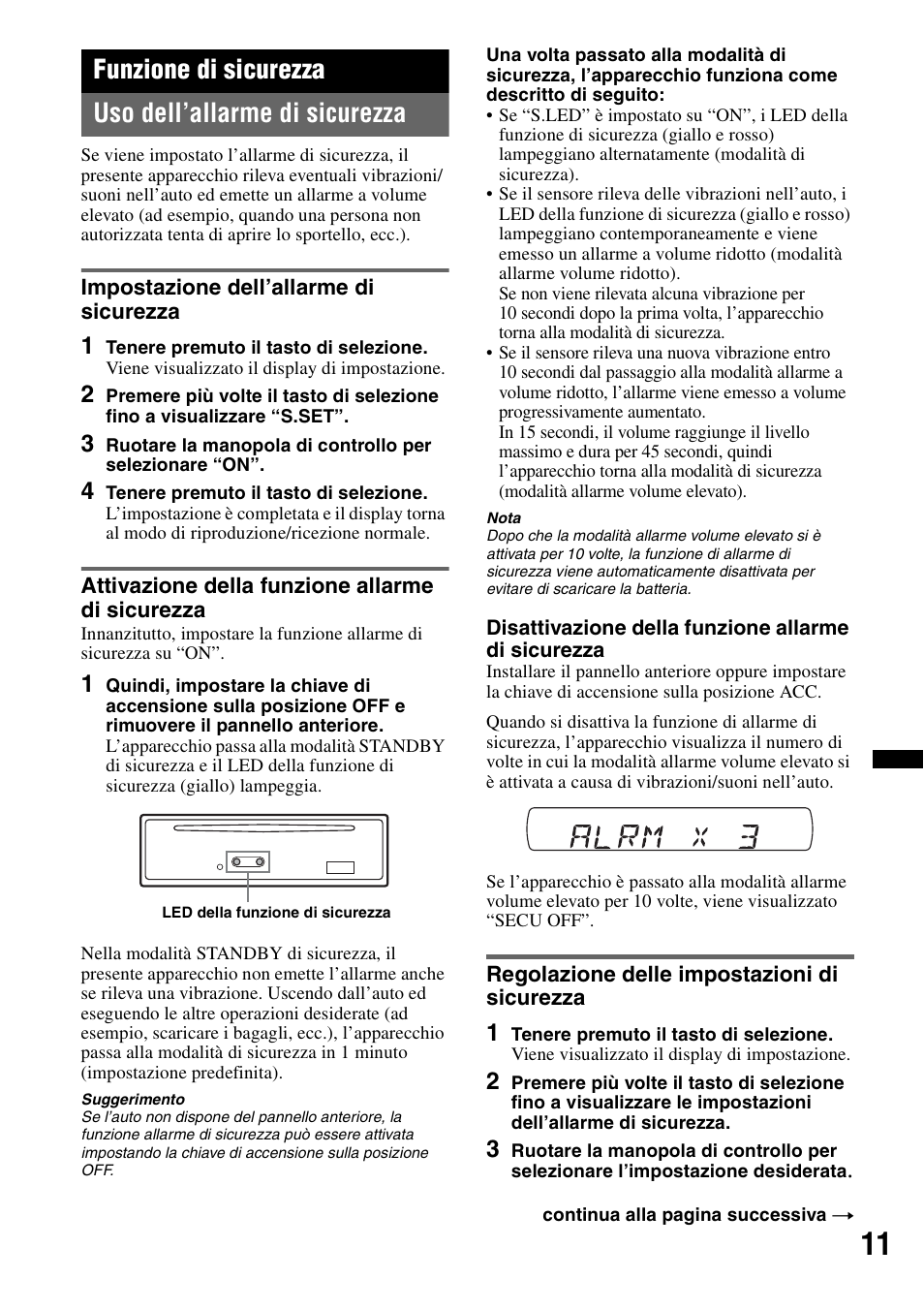 Funzione di sicurezza, Uso dell’allarme di sicurezza, Impostazione dell’allarme di sicurezza | Attivazione della funzione allarme di sicurezza, Regolazione delle impostazioni di sicurezza | Sony CDX-GT383A User Manual | Page 71 / 104