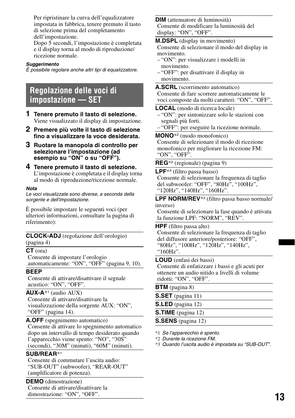 Regolazione delle voci di impostazione - set, Regolazione delle voci di impostazione — set | Sony CDX-GT383A User Manual | Page 73 / 104