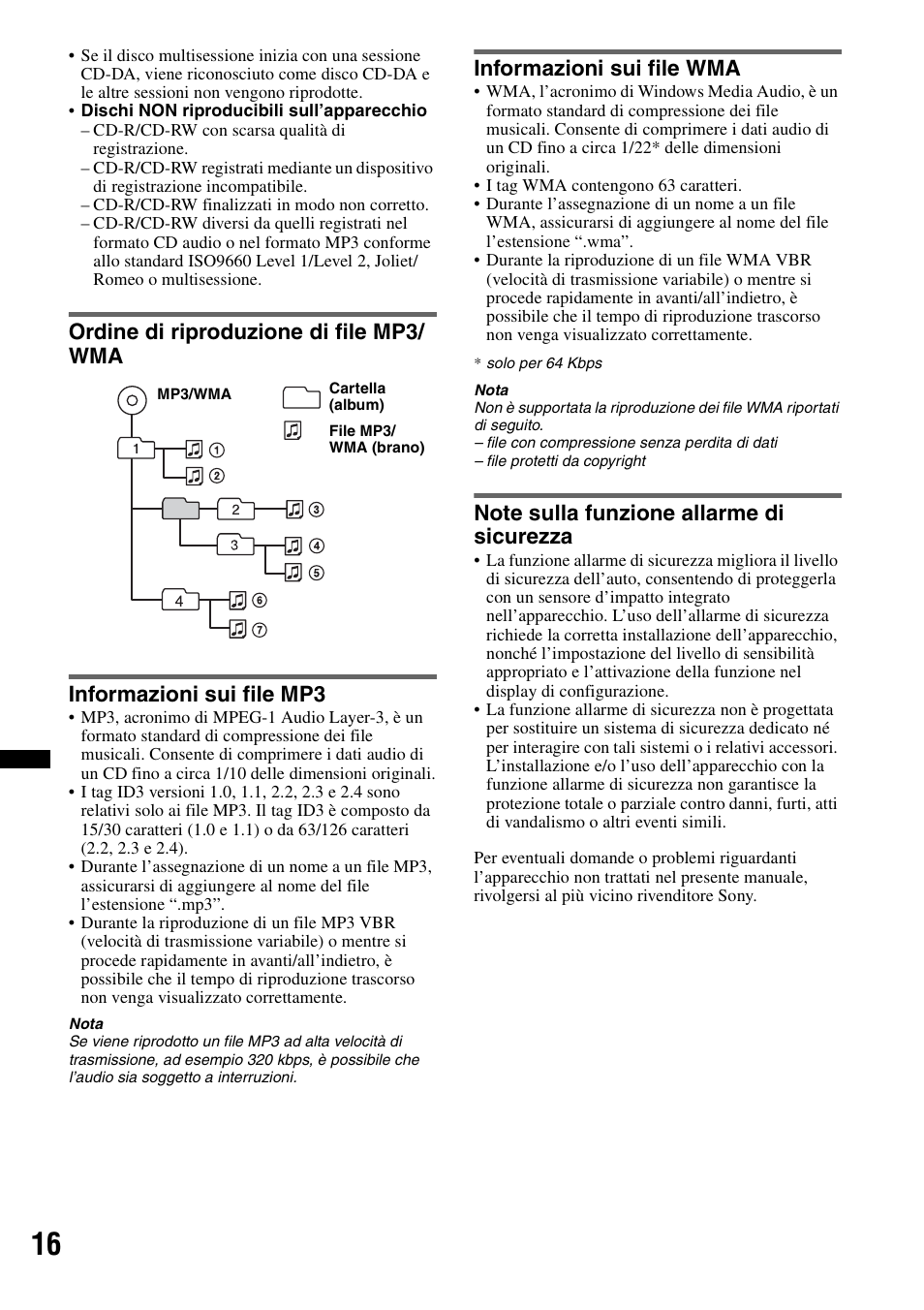 Ordine di riproduzione di file mp3/ wma, Informazioni sui file mp3, Informazioni sui file wma | Note sulla funzione allarme di sicurezza | Sony CDX-GT383A User Manual | Page 76 / 104