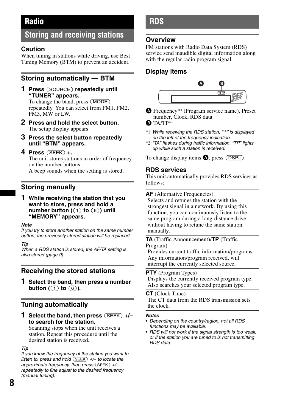 Radio, Storing and receiving stations, Storing automatically - btm | Storing manually, Receiving the stored stations, Tuning automatically, Overview, Radio storing and receiving stations | Sony CDX-GT383A User Manual | Page 8 / 104
