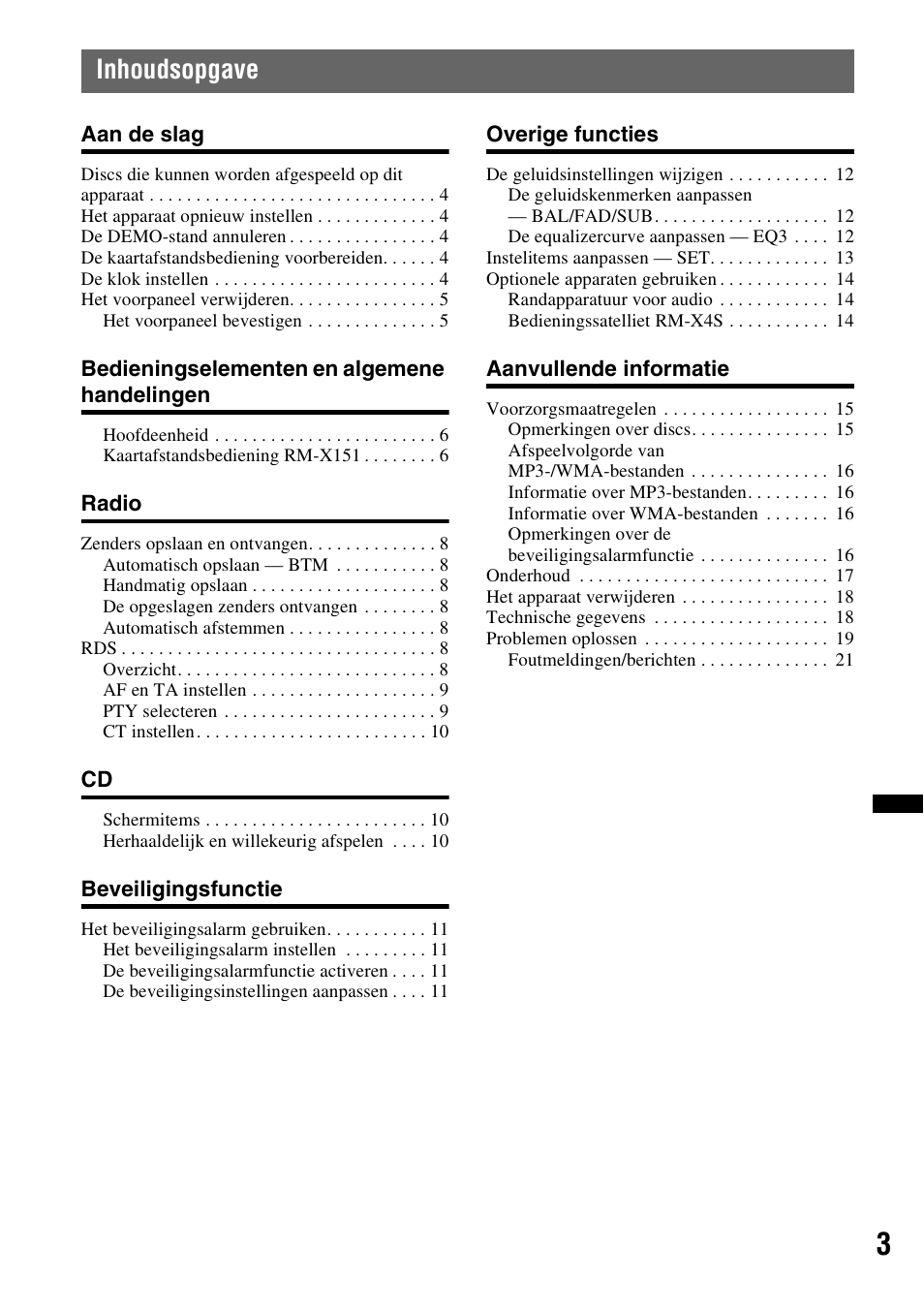 Inhoudsopgave | Sony CDX-GT383A User Manual | Page 83 / 104