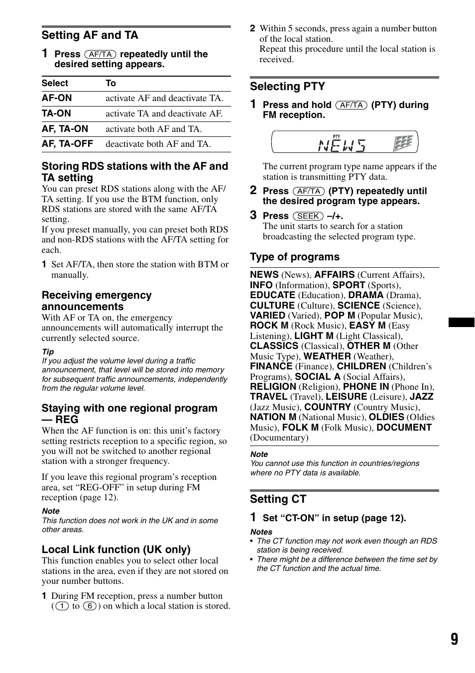 Setting af and ta, Selecting pty, Setting ct | Setting af and ta selecting pty setting ct | Sony CDX-GT383A User Manual | Page 9 / 104