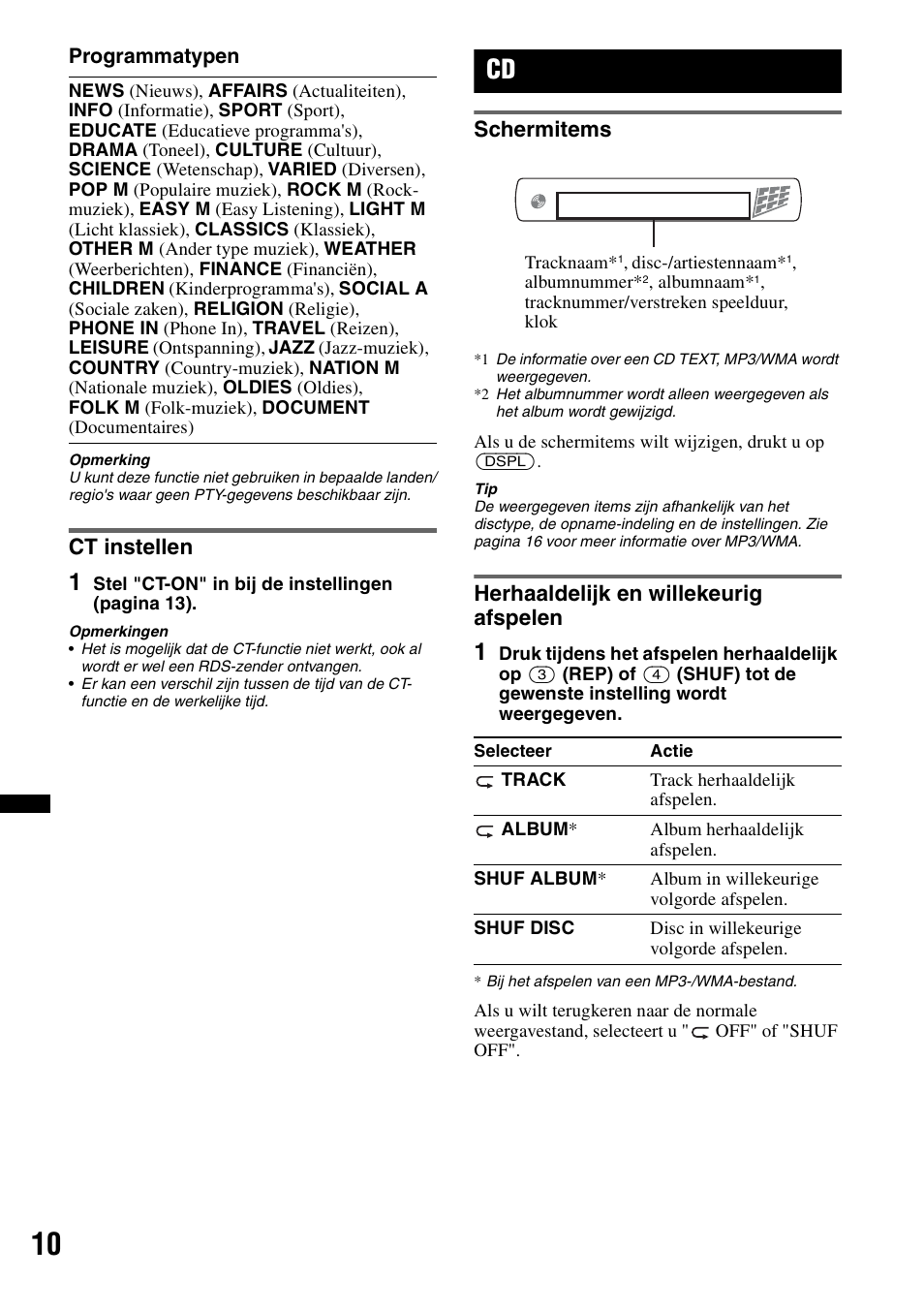 Ct instellen, Schermitems, Herhaaldelijk en willekeurig afspelen | Schermitems herhaaldelijk en willekeurig afspelen | Sony CDX-GT383A User Manual | Page 90 / 104