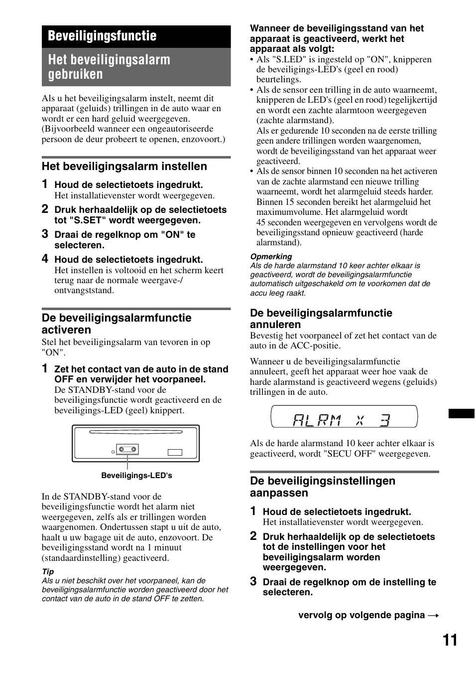 Beveiligingsfunctie, Het beveiligingsalarm gebruiken, Het beveiligingsalarm instellen | De beveiligingsalarmfunctie activeren, De beveiligingsinstellingen aanpassen | Sony CDX-GT383A User Manual | Page 91 / 104