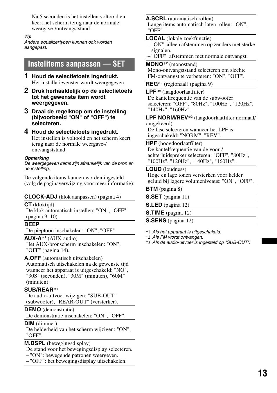 Instelitems aanpassen - set, Instelitems aanpassen — set | Sony CDX-GT383A User Manual | Page 93 / 104