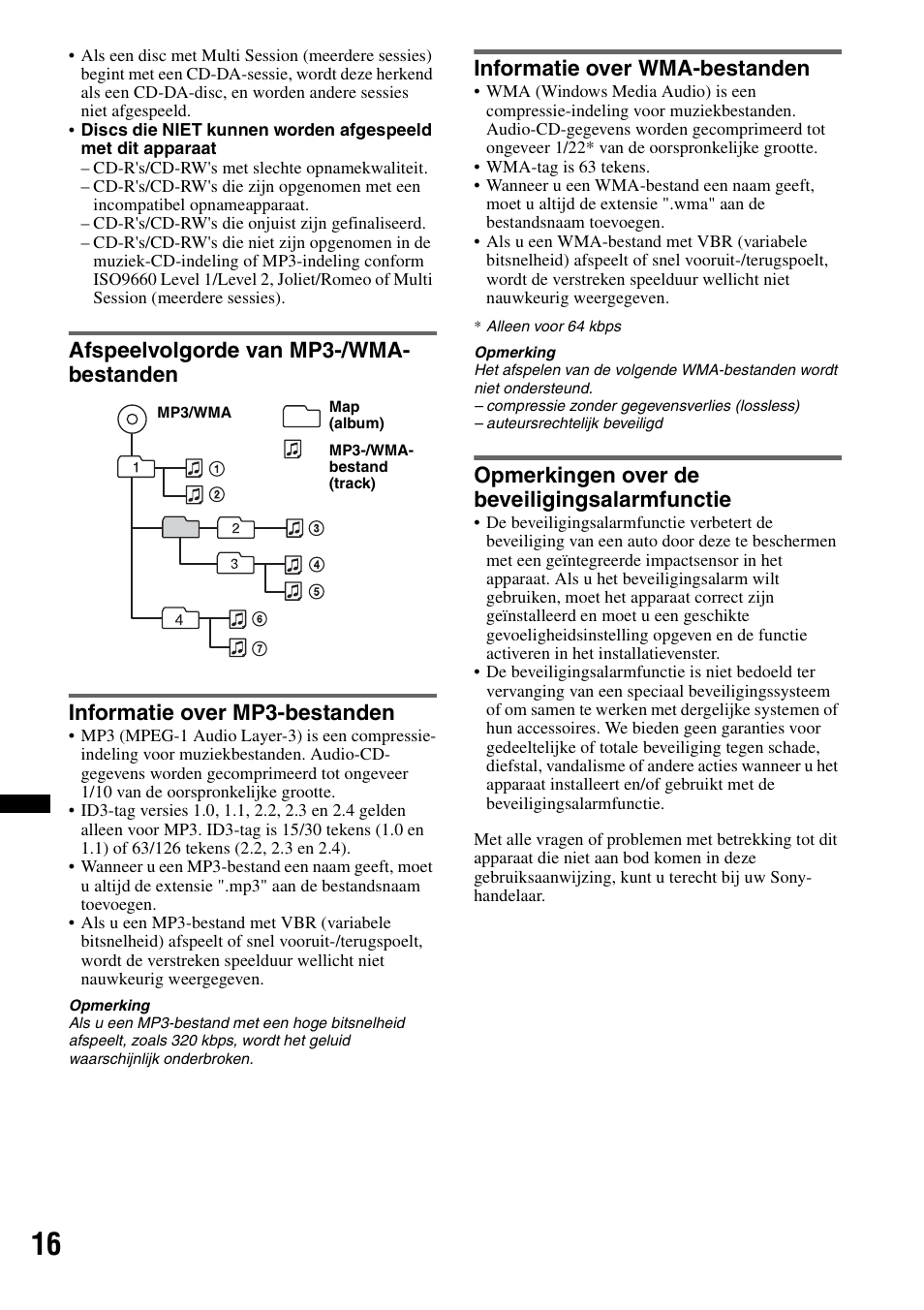Afspeelvolgorde van mp3-/wma- bestanden, Informatie over mp3-bestanden, Informatie over wma-bestanden | Opmerkingen over de beveiligingsalarmfunctie | Sony CDX-GT383A User Manual | Page 96 / 104