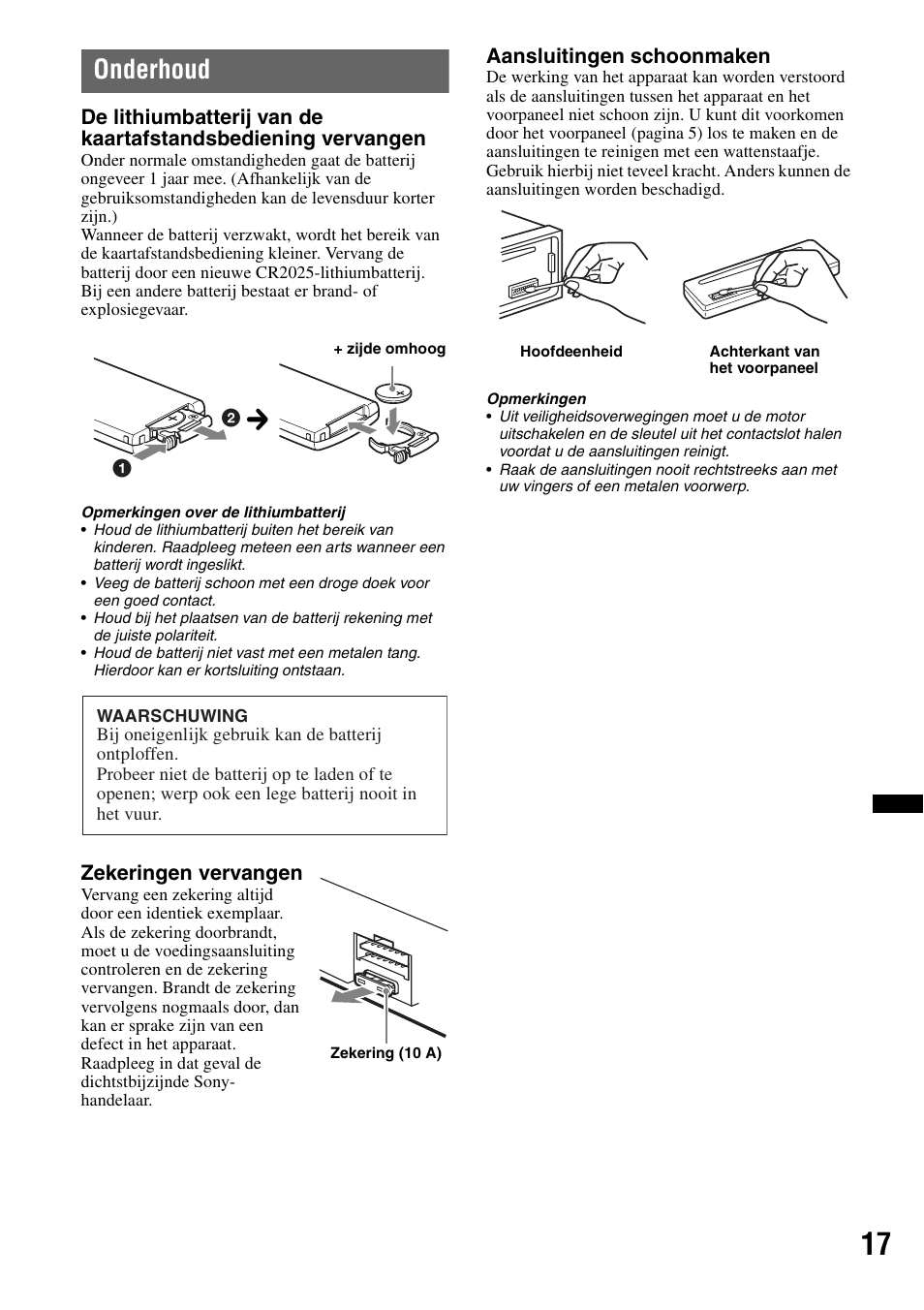 Onderhoud | Sony CDX-GT383A User Manual | Page 97 / 104