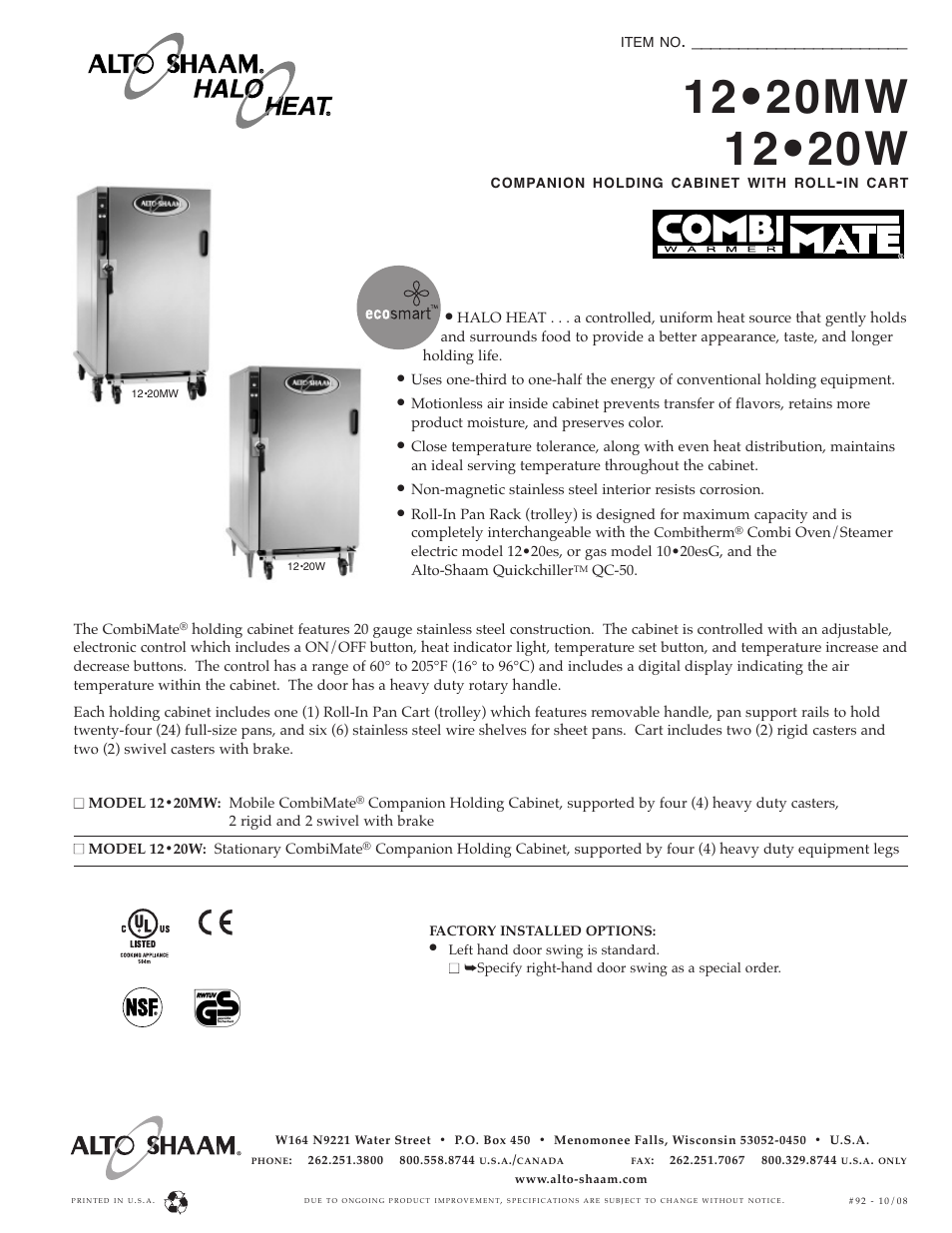 Alto-Shaam 12.20MW User Manual | 2 pages