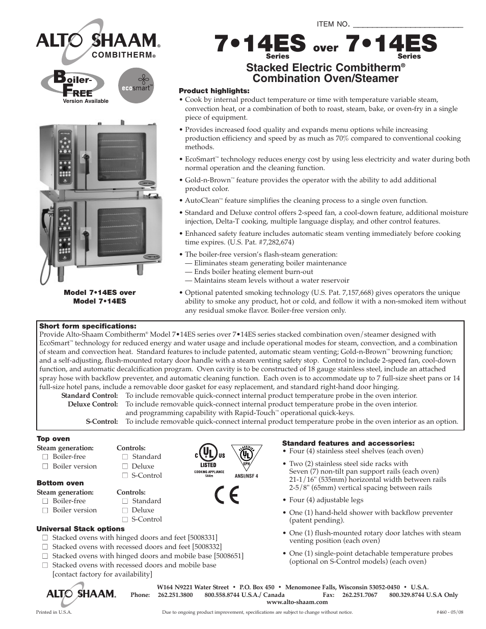 Alto-Shaam Combitherm 7.14ES Series User Manual | 4 pages