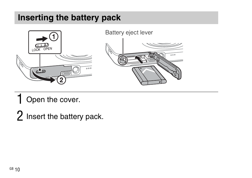 Inserting the battery pack | Sony DSC-WX220 User Manual | Page 10 / 499