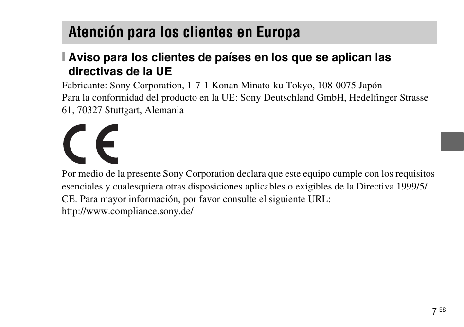 Atención para los clientes en europa | Sony DSC-WX220 User Manual | Page 109 / 499