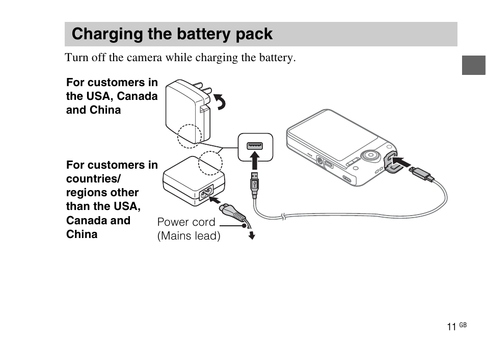 Charging the battery pack | Sony DSC-WX220 User Manual | Page 11 / 499