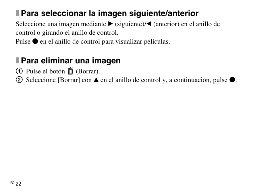 Xpara seleccionar la imagen siguiente/anterior, Xpara eliminar una imagen | Sony DSC-WX220 User Manual | Page 124 / 499