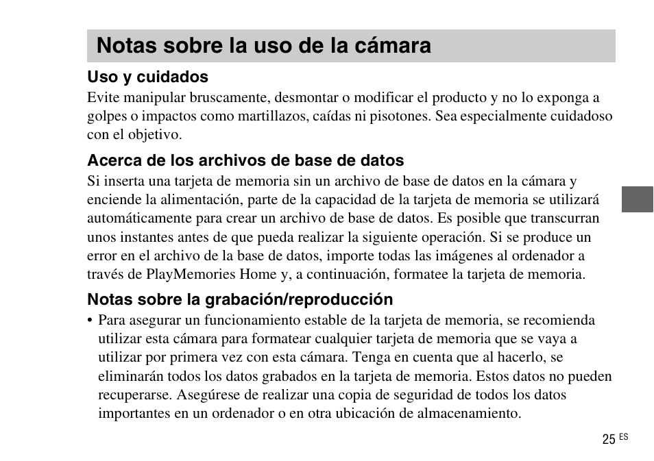 Notas sobre la uso de la cámara | Sony DSC-WX220 User Manual | Page 127 / 499