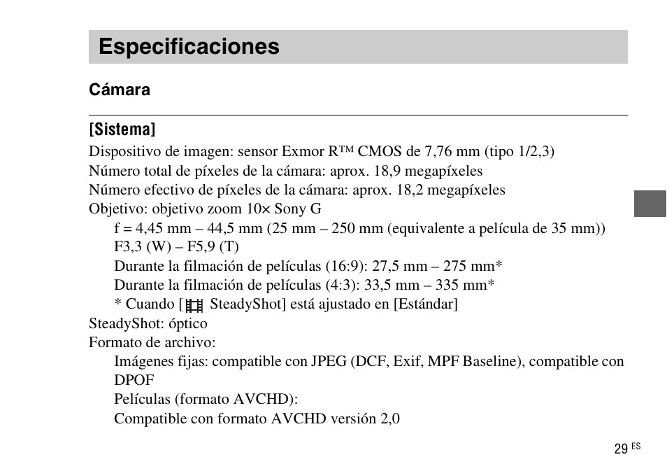 Especificaciones | Sony DSC-WX220 User Manual | Page 131 / 499