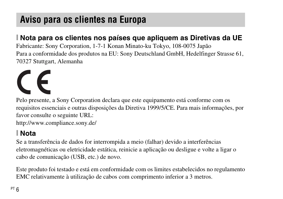 Aviso para os clientes na europa | Sony DSC-WX220 User Manual | Page 142 / 499