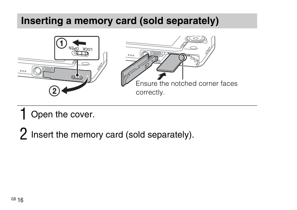 Inserting a memory card (sold separately) | Sony DSC-WX220 User Manual | Page 16 / 499