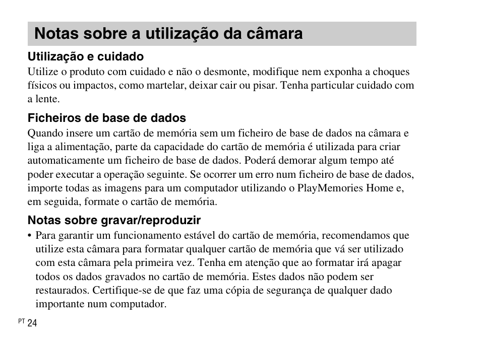 Notas sobre a utilização da câmara | Sony DSC-WX220 User Manual | Page 160 / 499