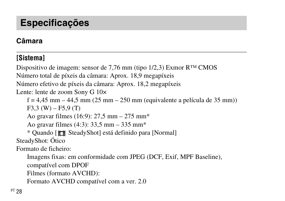 Especificações | Sony DSC-WX220 User Manual | Page 164 / 499