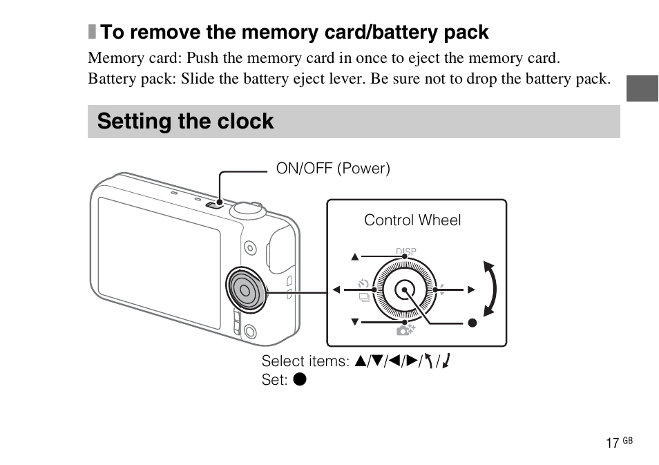 Setting the clock | Sony DSC-WX220 User Manual | Page 17 / 499