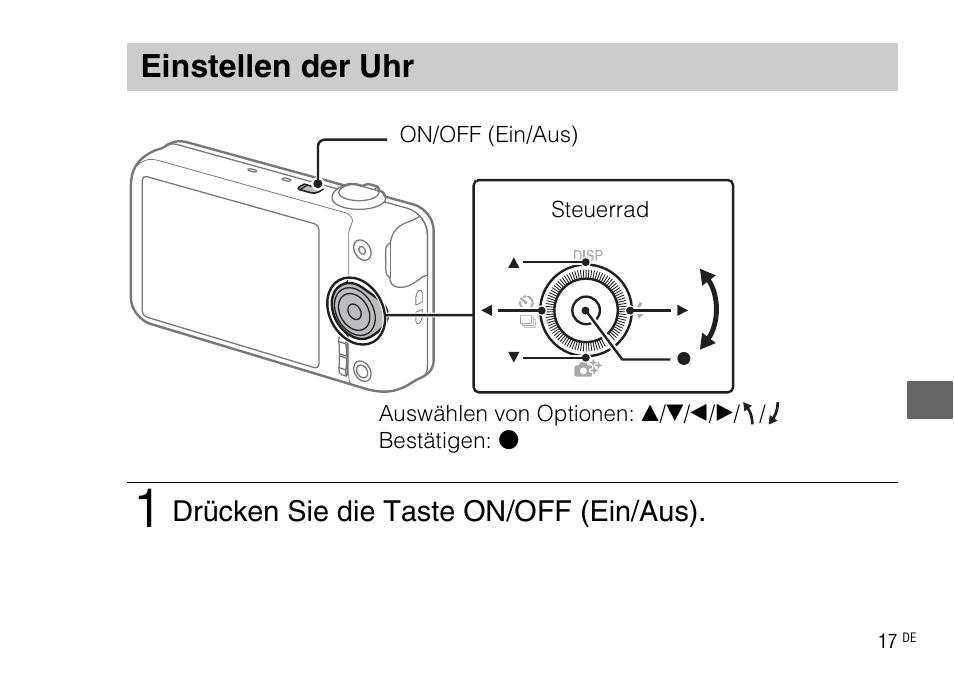 Einstellen der uhr, Drücken sie die taste on/off (ein/aus) | Sony DSC-WX220 User Manual | Page 185 / 499