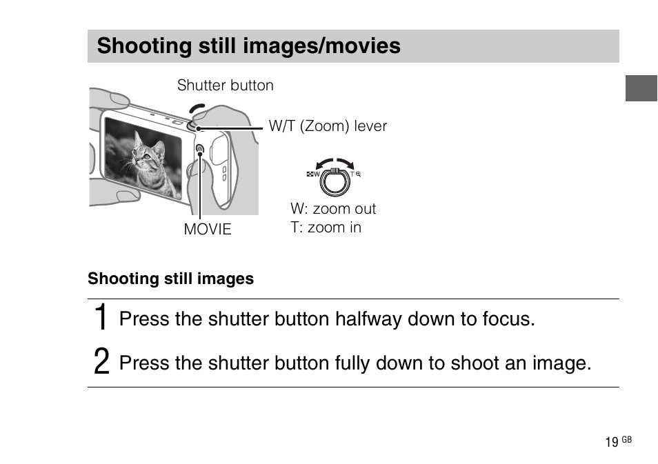 Shooting still images/movies | Sony DSC-WX220 User Manual | Page 19 / 499