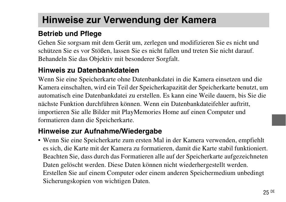 Hinweise zur verwendung der kamera | Sony DSC-WX220 User Manual | Page 193 / 499