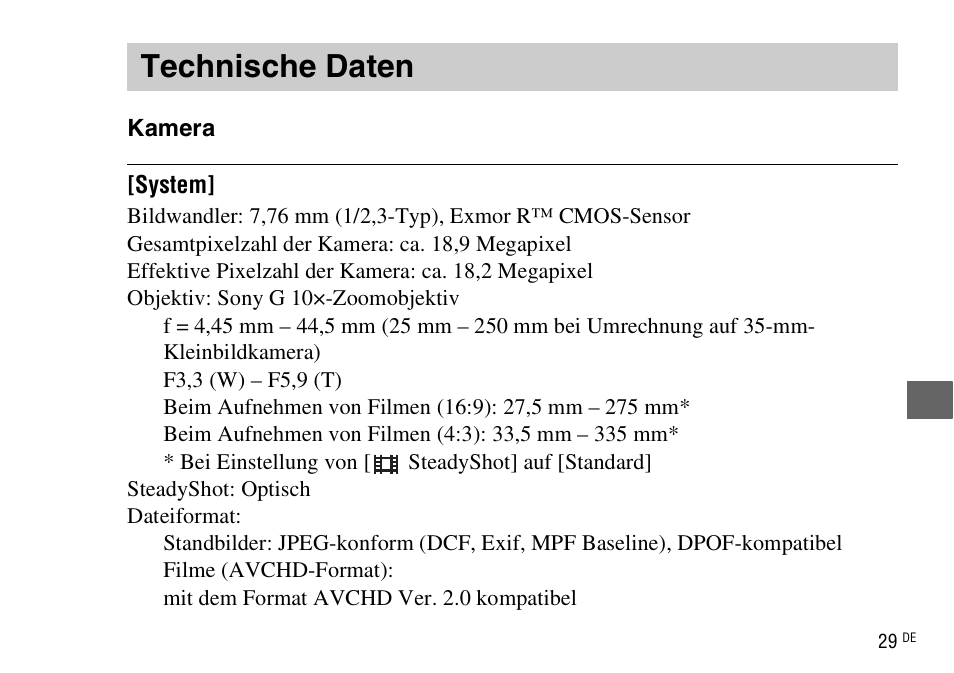 Technische daten | Sony DSC-WX220 User Manual | Page 197 / 499