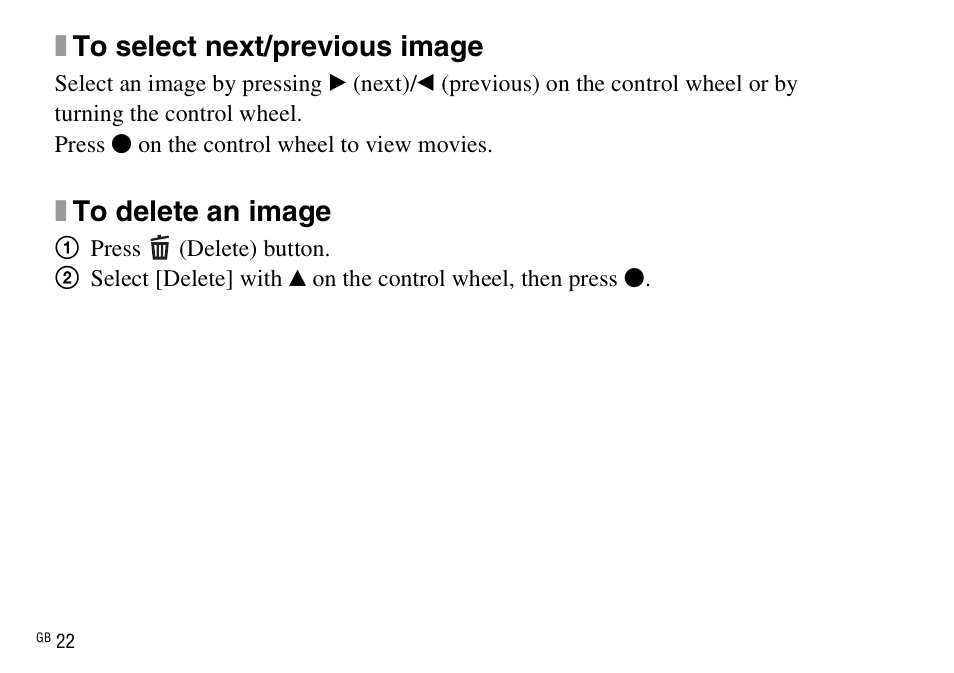 Xto select next/previous image, Xto delete an image | Sony DSC-WX220 User Manual | Page 22 / 499