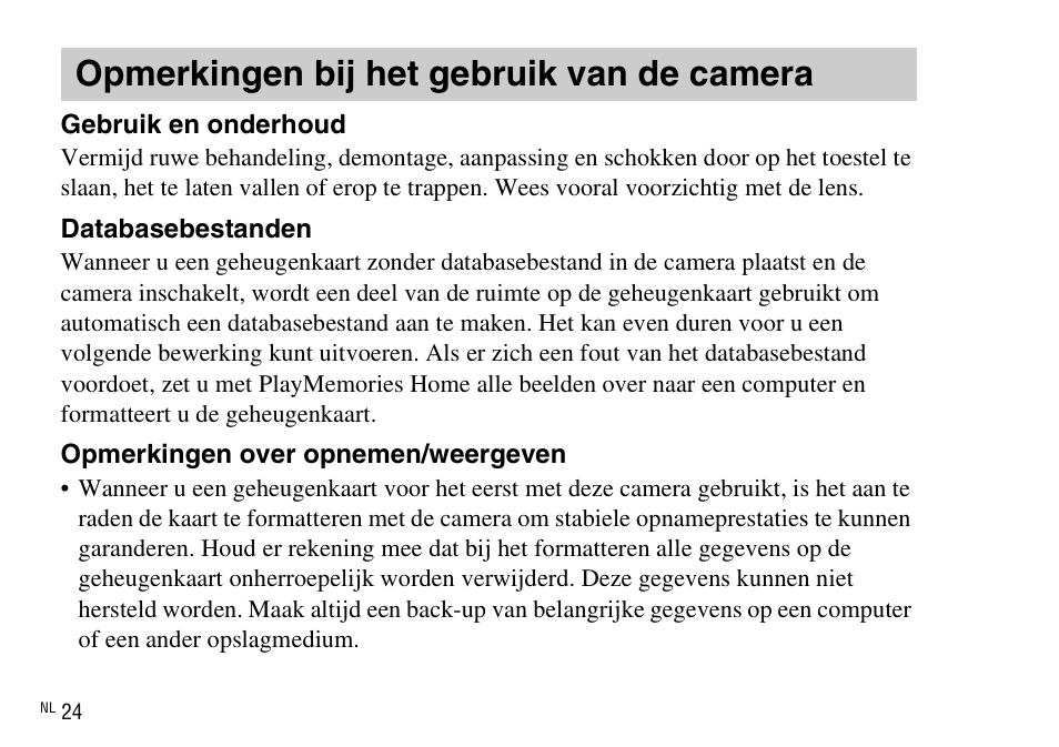 Opmerkingen bij het gebruik van de camera | Sony DSC-WX220 User Manual | Page 226 / 499