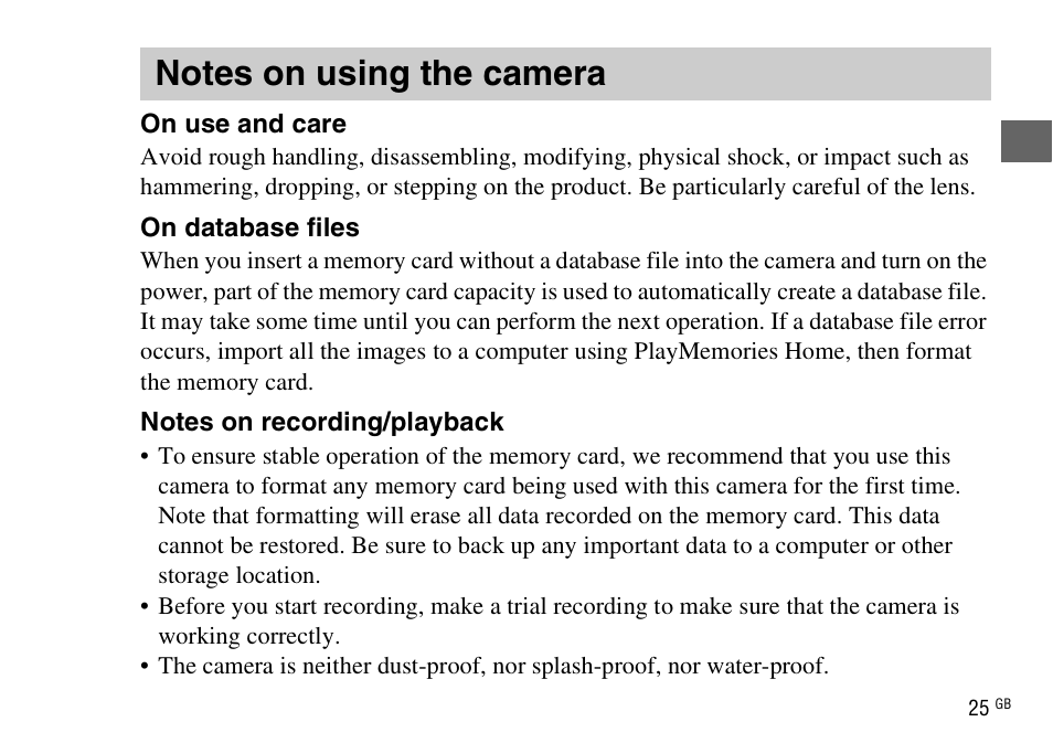 Notes on using the camera | Sony DSC-WX220 User Manual | Page 25 / 499