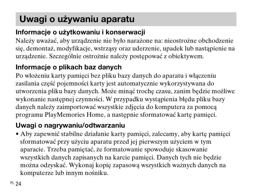 Uwagi o używaniu aparatu | Sony DSC-WX220 User Manual | Page 258 / 499