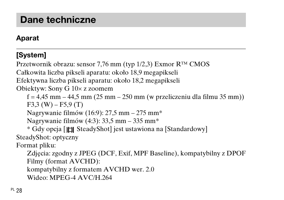 Dane techniczne | Sony DSC-WX220 User Manual | Page 262 / 499