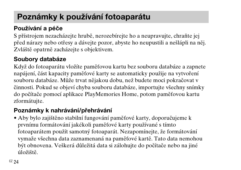 Poznámky k používání fotoaparátu | Sony DSC-WX220 User Manual | Page 290 / 499