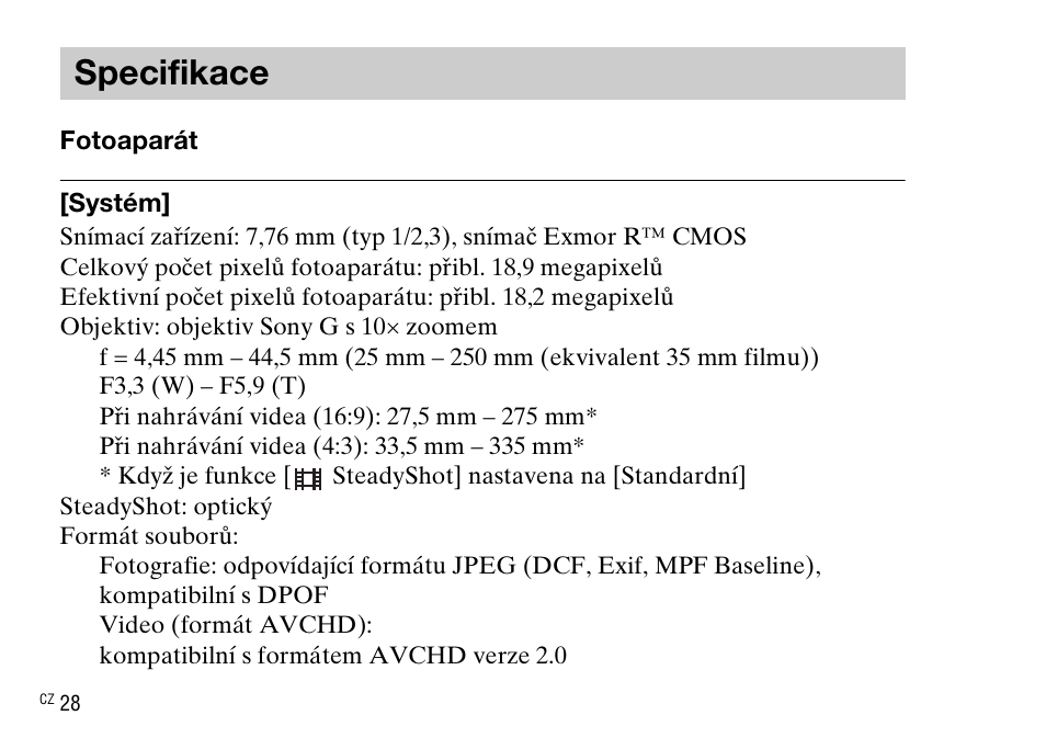 Specifikace | Sony DSC-WX220 User Manual | Page 294 / 499