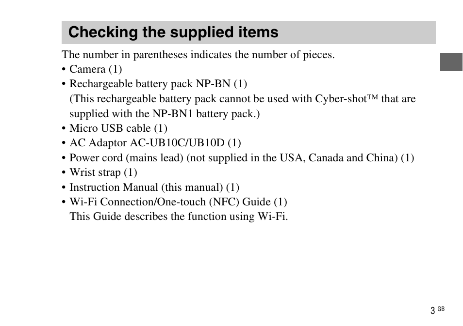 Checking the supplied items | Sony DSC-WX220 User Manual | Page 3 / 499