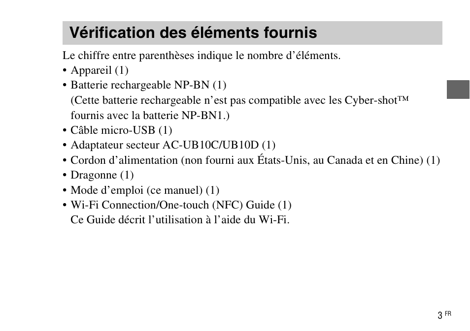 Vérification des éléments fournis | Sony DSC-WX220 User Manual | Page 37 / 499