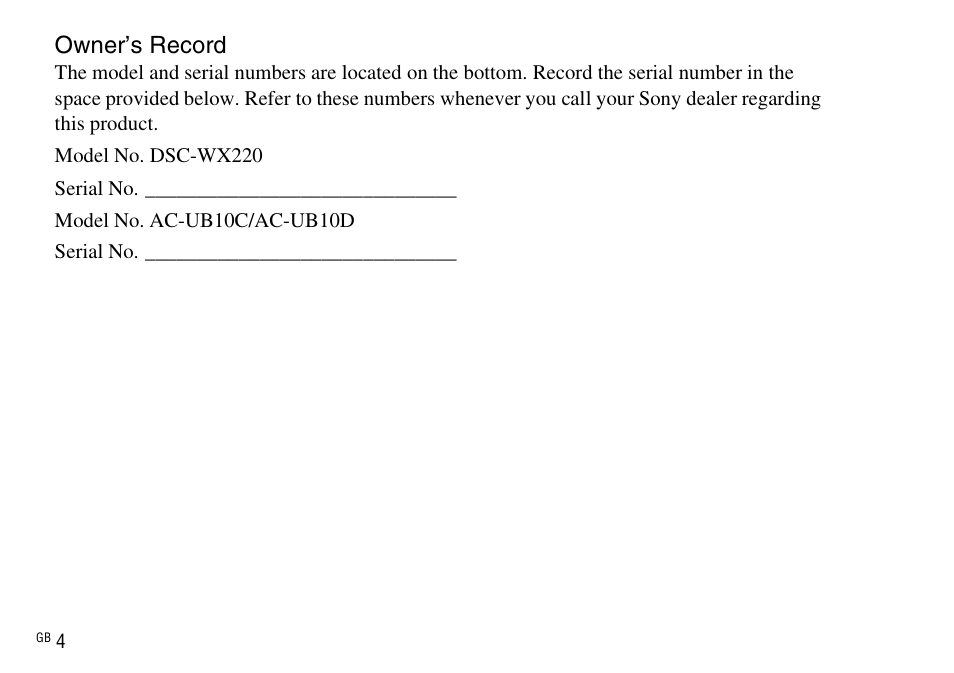 Owner’s record | Sony DSC-WX220 User Manual | Page 4 / 499