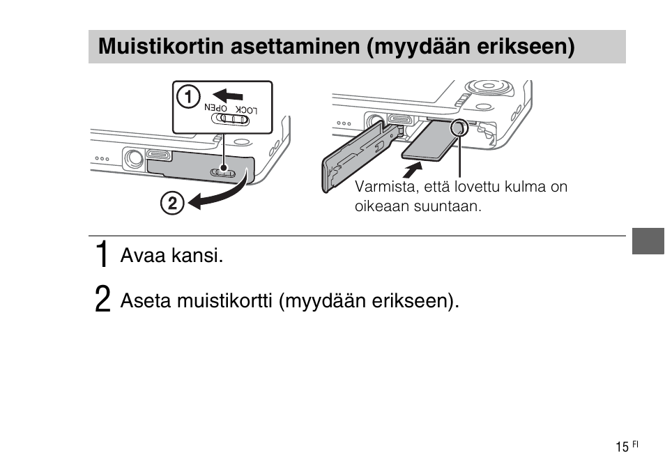 Muistikortin asettaminen (myydään erikseen) | Sony DSC-WX220 User Manual | Page 415 / 499