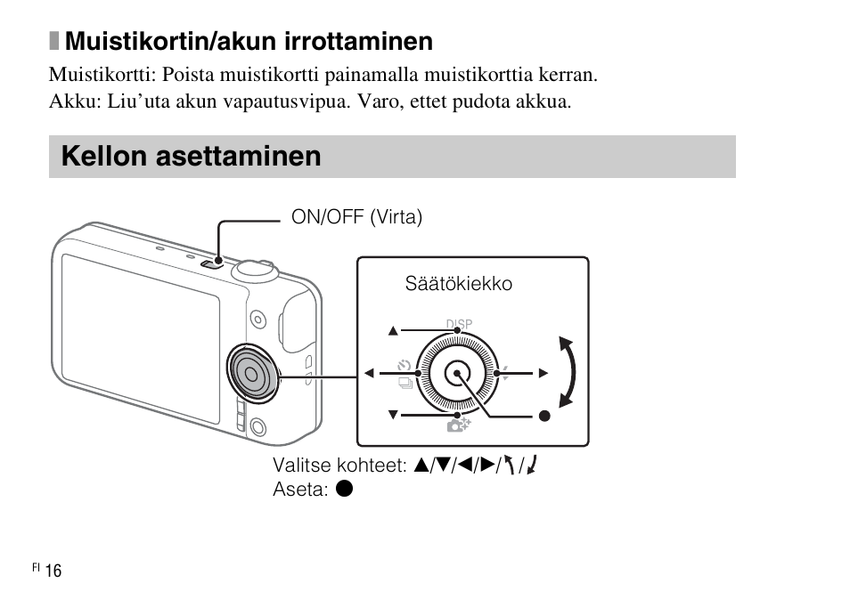 Kellon asettaminen, Xmuistikortin/akun irrottaminen | Sony DSC-WX220 User Manual | Page 416 / 499