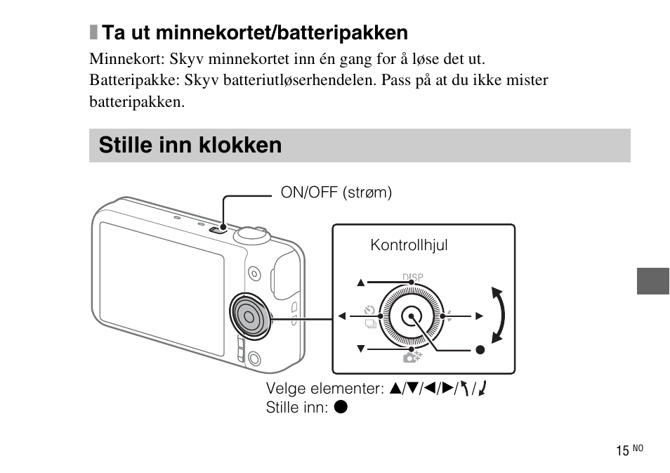 Stille inn klokken, Xta ut minnekortet/batteripakken | Sony DSC-WX220 User Manual | Page 447 / 499