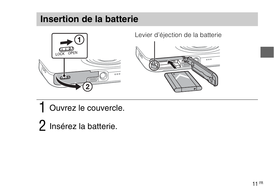 Insertion de la batterie | Sony DSC-WX220 User Manual | Page 45 / 499